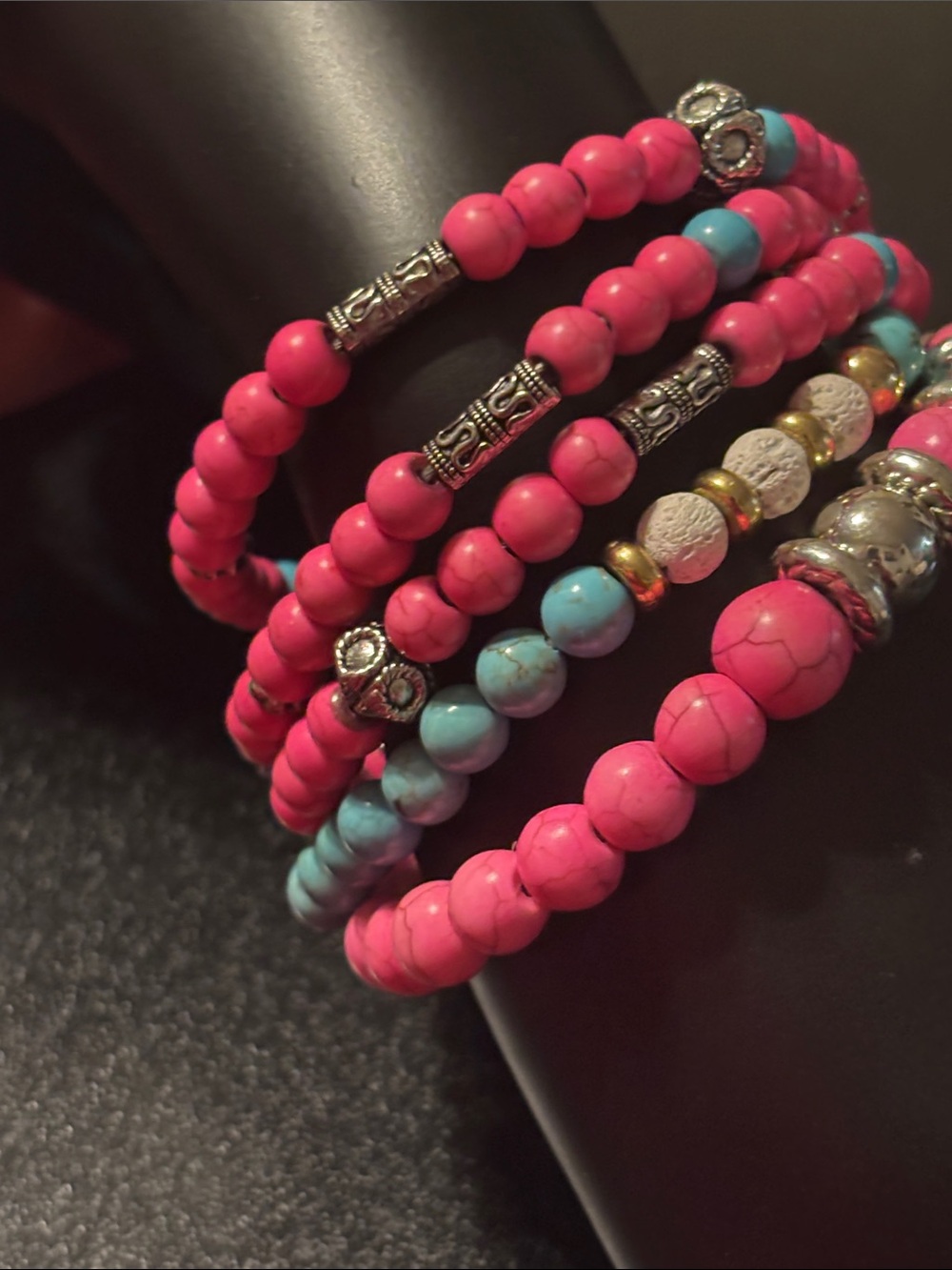 Pink and Blue Stone Beaded Stackable Bracelets with Silver Accents - Picture 13 of 13